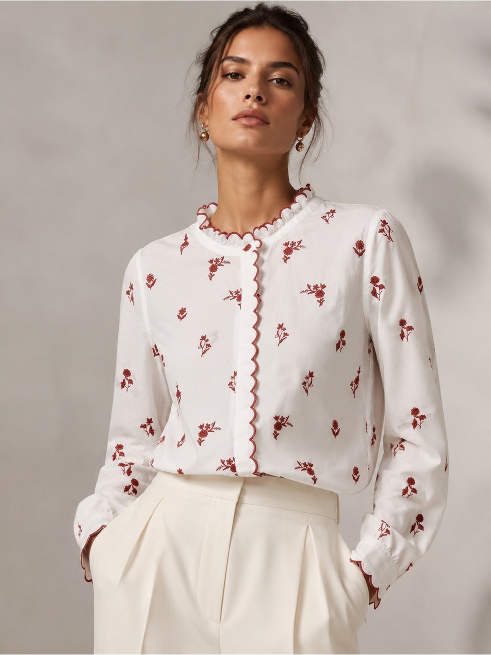 Talbots White Button-Down Blouse with Red Floral Embroidery